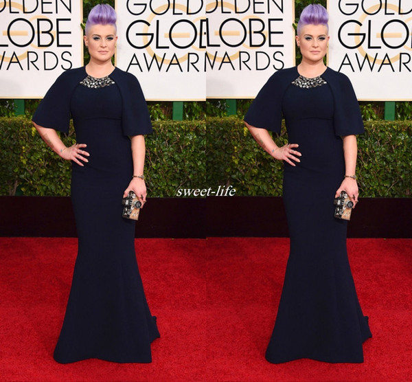 Hot Sale 72nd Golden Globe Kelly Osbourne Half Sleeve Crystal Modern Prom Party Long Celebrity Dresses Navy Blue Plus Size Evening Gowns