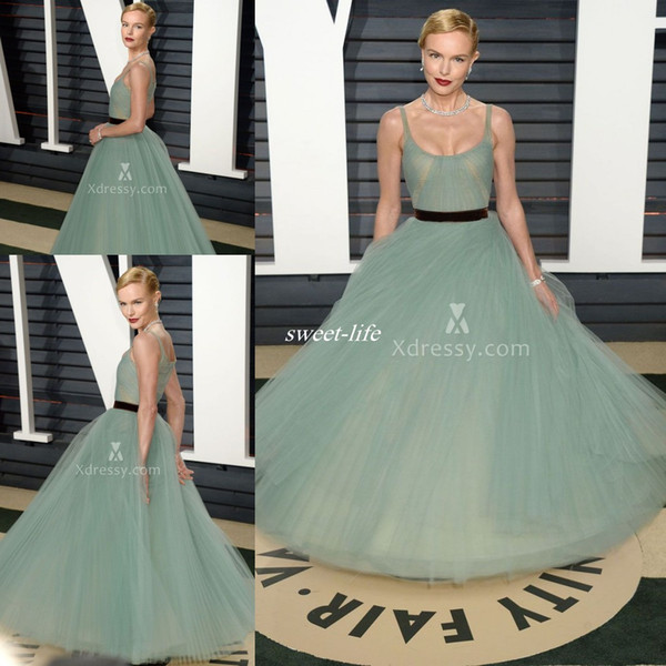 Sage Green Tulle Ball Gown Celebrity Dress Kate Bosworth Vanity Fair Oscar Evening Party Gowns Scoop Neck Sash Long Prom Dress Cheap