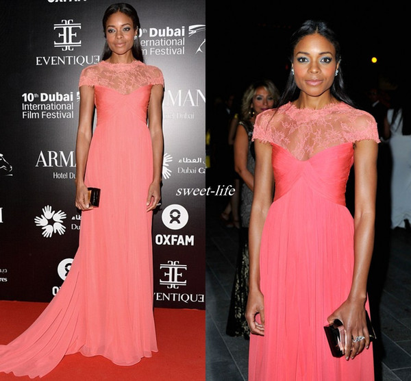 Monique Lhuillier Sheer Lace Neck Celebrity Dresses 2016 Naomie Harris Dubai Film Festival Cap Sleeves Ruched Chiffon Evening Gowns for Prom