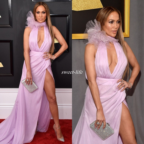 Sexy Oscar Red Carpet Evening Gowns Backless Keyhole High Neck Side Split Chiffon Modest Cheap Celebrity Dress for Party Custom Made