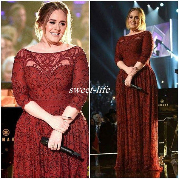 Dark Red Plus Size Formal Wear Half Sleeve Lace Applique 2016 Adele Celebrity Dresses Scoop Floor Length Luxury Crystals Evening Party Gowns