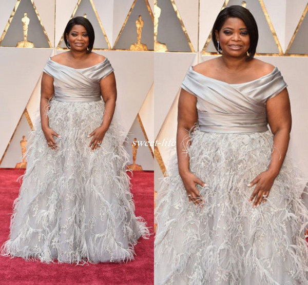 Elegant Octavia Spencer Oscars Evening Dresses Silver Off Shoulder with Feather Beading Long Plus Size Occasion Gowns Celebrity Dress