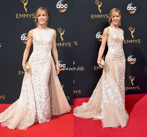 Elegant Felicity Huffman Champagne Tulle Lace Applique Emmys Celebrity Dresses 2016 Zuhair Murad Evening Gowns with Train Mermaid Prom Dress