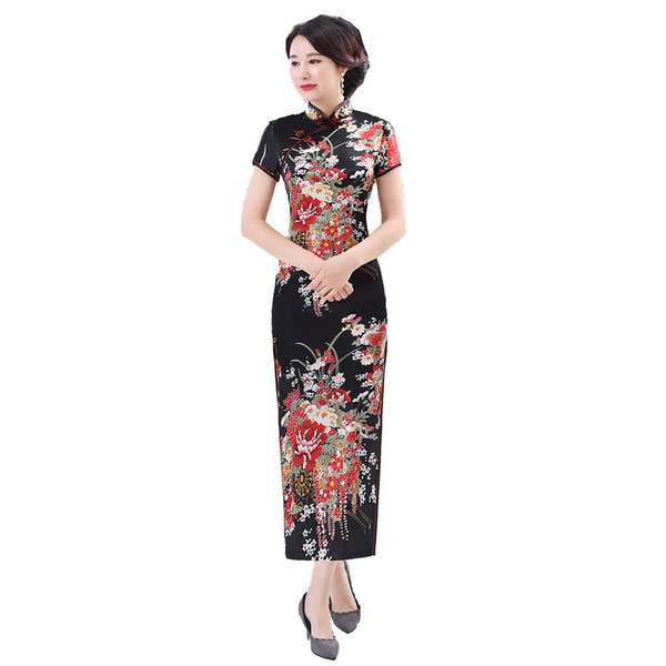 Shanghai Story Long Qipao Satin Cheongsam Chinese Traditional Dress Short Sleeve Faux Silk long Chinese Dress