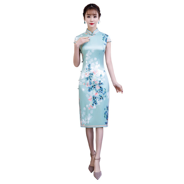 Shanghai Story Top Quality Knee Length Oriental Dress Chinese Traditional Dress Flower Print Cheongsam Qipao Chinese Women's Dress 2 Color