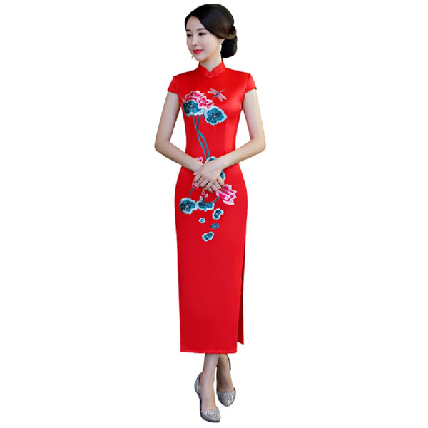 Shanghai Story Red Chinese traditional clothing for women Flower Embroidery long Cheongsam Short Sleeve Floral Qipao For Women