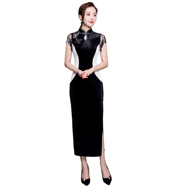 Shanghai Story Black And White Sleeveless Qipao Long Chinese Dress Autumn Cheongsam Party Dress Keyhole Qipao for Women