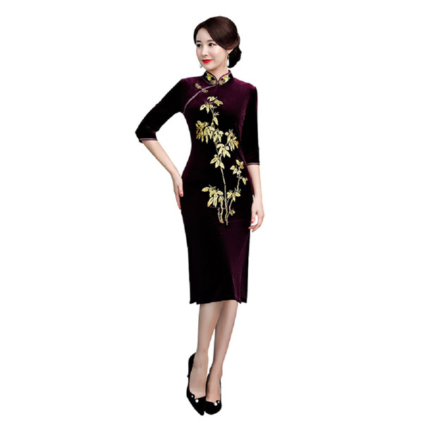 Shanghai Story 3/4 Sleeve Knee Length Oriental Dress Leaf Embroidery Chinese cheongsam dress Long Qipao dress for Women