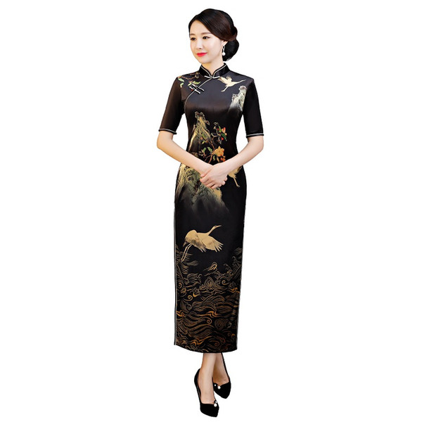 Shanghai Story 2022New Sale Women's Vintage Crane Print Qipao Velvet Cheongsam Dress Long Chinese Dress For Women