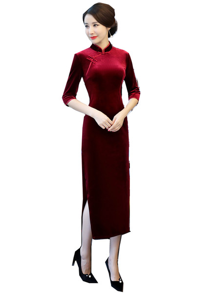 Shanghai Story Chinese Style Dress Velvet Long Qipao Chinese traditional dress Half Sleeve cheongsam dress Autumn Qipao 2 Color