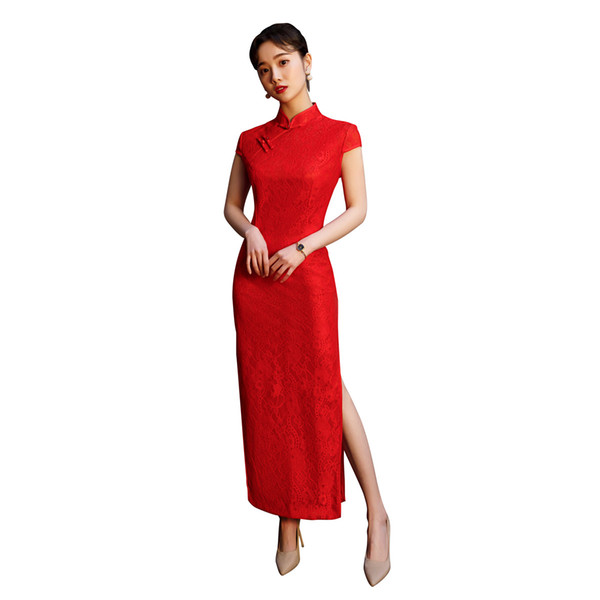 Shanghai Story Lace chinese traditional dress Short Sleeve Long Qipao for Women Red cheongsam dress