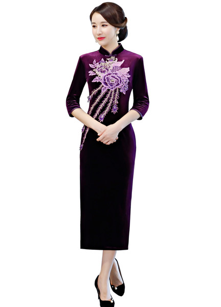 Shanghai Story Oriental Dress Chinese Style Dress Long Velvet Cheongsam Flower Embroidery Qipao Chinese Women's Dress