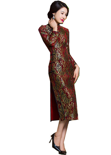 Shanghai Story Autumn Lace Velvet Qipao Chinese traditional Dress Oriental Style dress Long Sleeve long Cheongsam Dress For Women