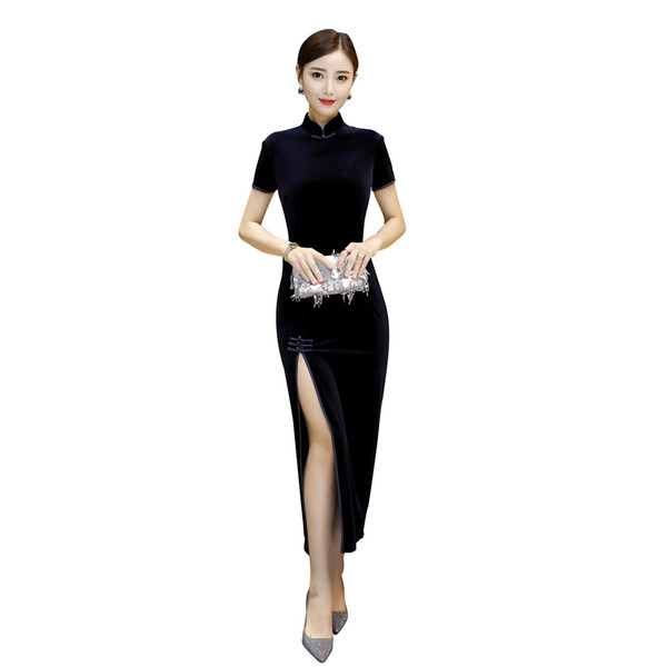 Shanghai Story Oriental Dress Chinese Traditional Dresses Black Long Cheongsam Short Sleeve Velvet Qipao Women's Chinese Dress