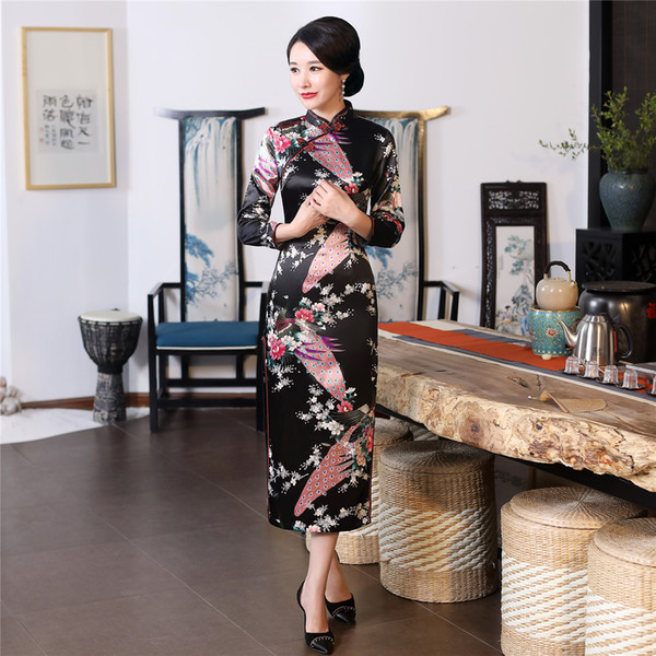 Shanghai Story Long Qipao Peacock Cheongsam Chinese Traditional Dress Long Sleeve Faux Silk long Chinese Dress