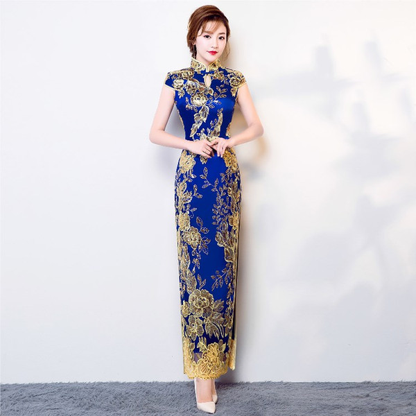 Shanghai Story High Split Lace Qipao long Cheonsam flower embroidered chinese style cheongsam sequins chinese dress For woman