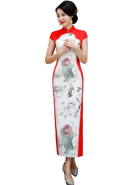 Shanghai Story chinese traditional dress Short Sleeve Long Qipao for Women Faux Silk cheongsam dress with Lining 5 Color