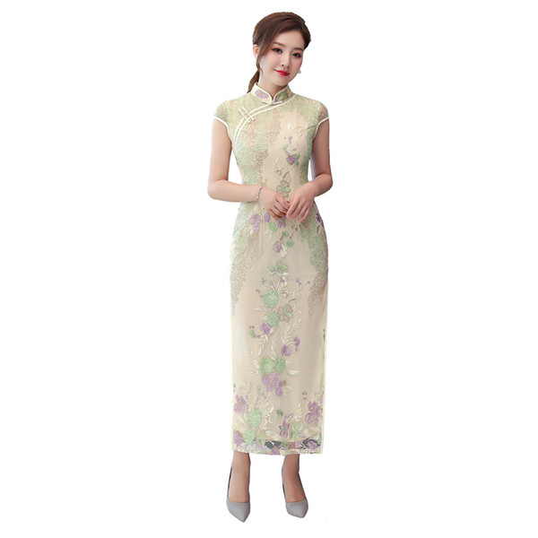 Shanghai Story 2022New Sale Short Sleeve long Qipao Dress High Split Lace Cheongsam Dress Chinese Women's dress