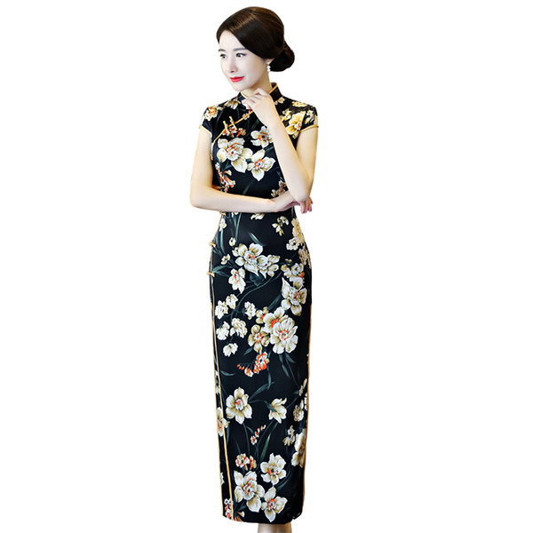 Shanghai Story Black Qipao Long Chinese Dress Flower Print chinese Traditional dress Oriental dress Chinese Women's cheongsams