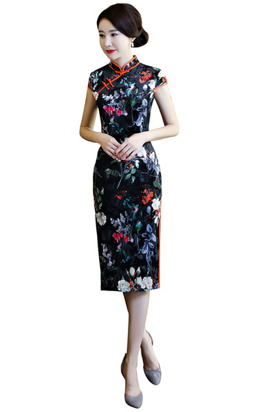 Shanghai Story Faux Silk Qipao Chinese Dress Flower Print chinese style dress Chinese Oriental dress Woman's cheongsam