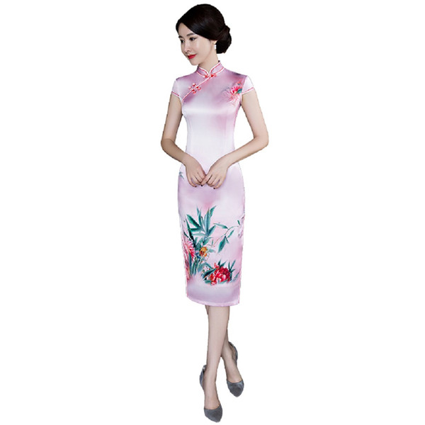 Shanghai Story Faux Silk Qipao dress Knee Length Cheongsam national trend chinese style dresses Pink Traditional Chinese Dress for wome