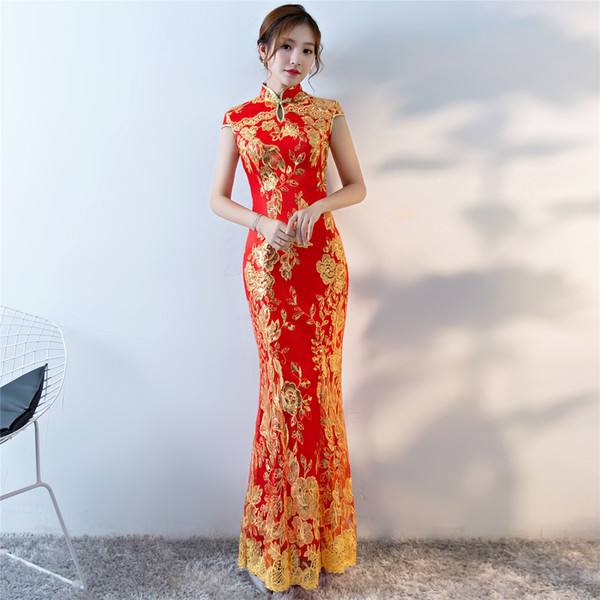 Shanghai Story 2022Mermaid Qipao long Cheonsam flower embroidered mermaid fish tail chinese style cheongsam sequins chinese dress For woman