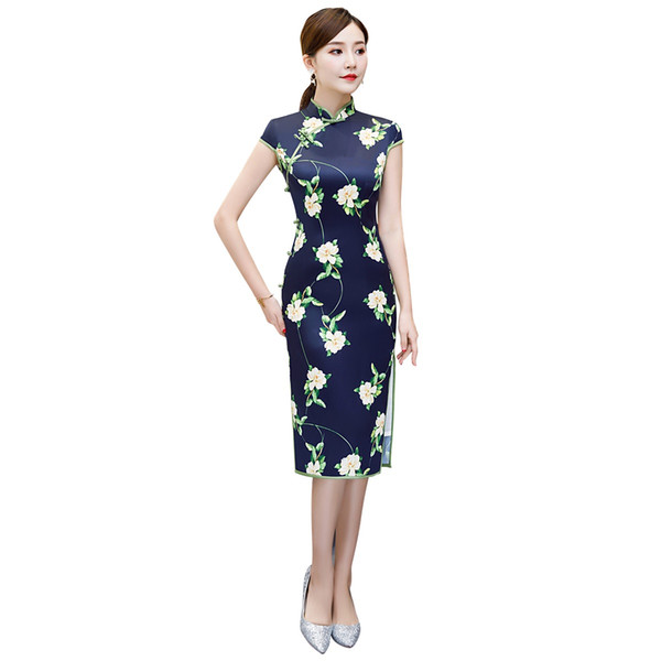 Shanghai Story Short Sleeve Qipao Knee Length Chinese Dress Spring Cheongsam Flower Print Qipao Dress for Woman