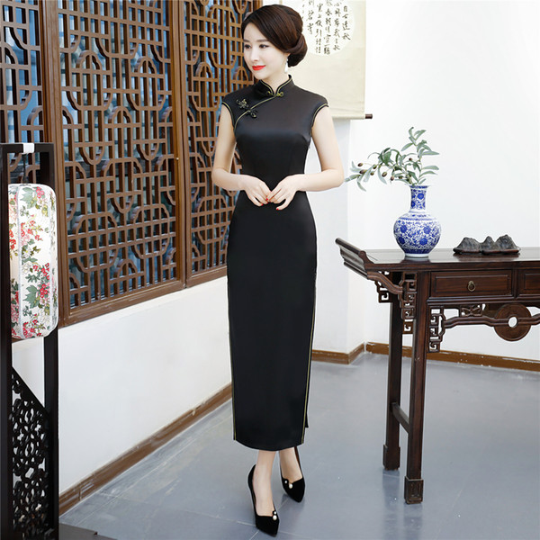 Shanghai Story Long Qipao Chinese Dress Sexy Back Black Solid Cheongsam Chinese Traditional dress Chinese Woman's Clothing