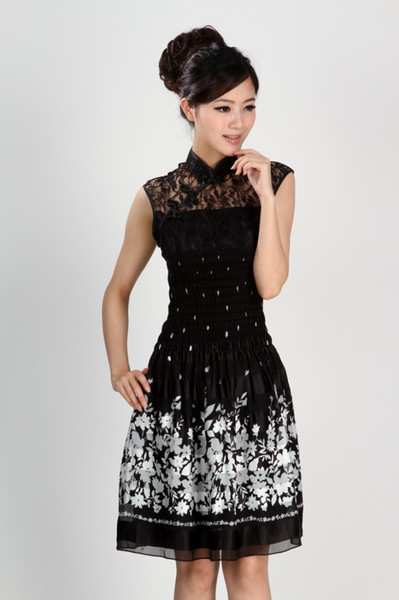 Shanghai Story cheongsam dress traditional Chinese Style Sexy Lace Knee length dress Summer Black lace qipao Dress