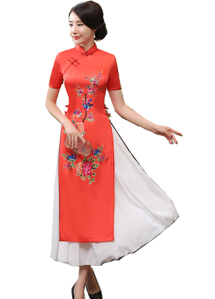 Shanghai Story Vietnam aodai Chinese traditional Clothing For Woman Qipao long Chinese Oriental dress Red cheongsam ao dai