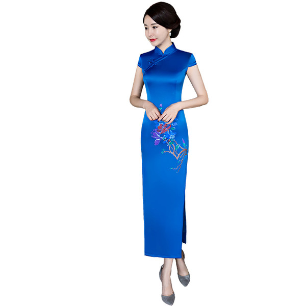 Shanghai Story Faux Silk Qipao dress Long Cheongsam national trend chinese style dresses Blue Traditional Chinese Dress for wome