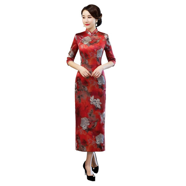 Shanghai Story 2022New Sale 3/4 Sleeve Qipao Long Chinese Dress Autumn Cheongsam Floral Qipao Dress for Women