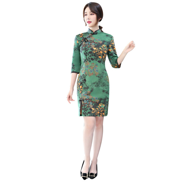 Shanghai Story 2022New Sale Half Quarter Sleeve Suede Fabric Short Qipao Dress Floral Cheongsam Oriental dress 3 Style