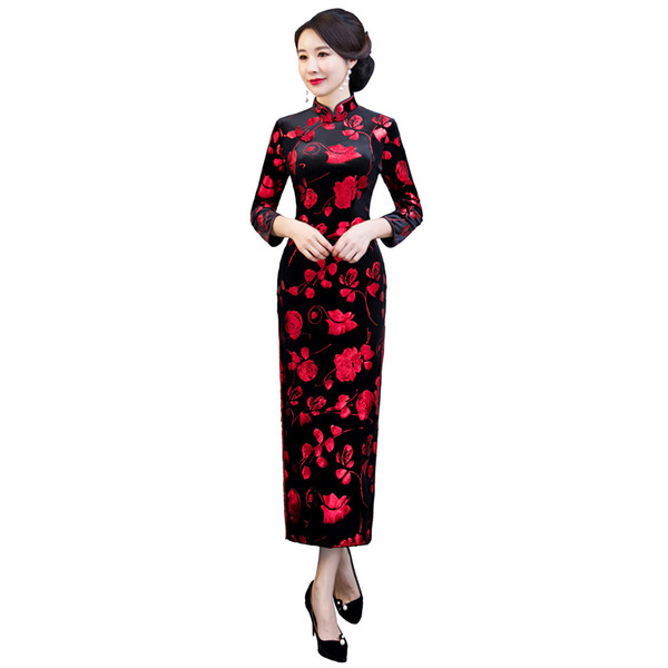 Shanghai Story 2022New Sale Long Sleeve Qipao Long Chinese Dress Autumn Cheongsam Red Floral Black Qipao Dress for Women