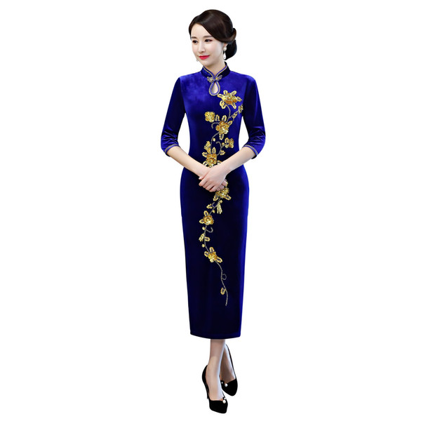 Shanghai Story 2022New Sale long Qipao Dress Floral Embroidery Cheongsam Dress Chinese Women's dress Velvet Oriental Dresses