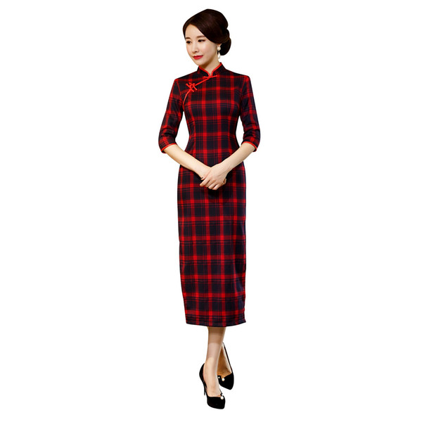 Shanghai Story 2022New Sale Cotton Qipao Long Chinese Dress Plaid Cheongsam Lattice Qipao Dress for Women