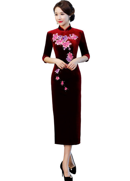 Shanghai Story 20223/4 Sleeve Floral Embroidery Qipao Long Velvet Cheongsam Dress Women's Chinese Traditional Dress