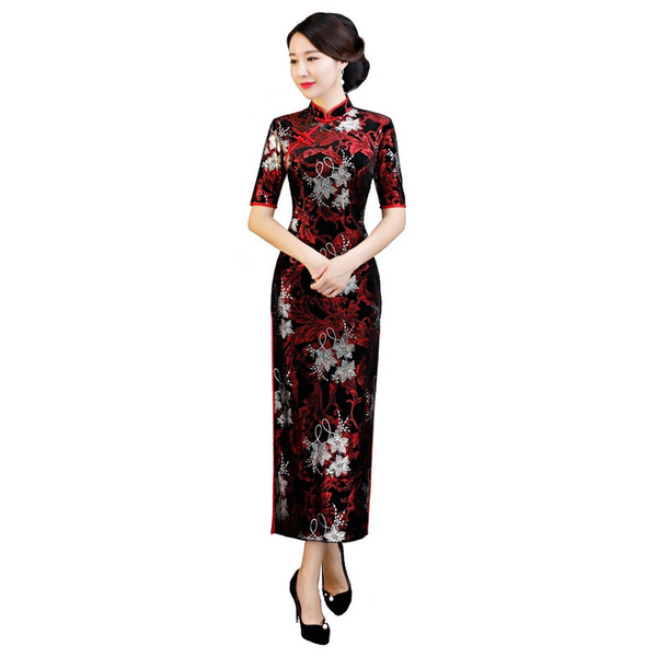 Shanghai Story 2022Autumn New Sale Women's Leaf Qipao Velvet Cheongsam Dress Long Chinese Oriental Dress For Women