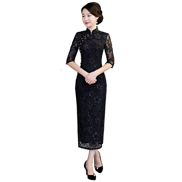 Shanghai Story 2022Autumn Women's Lace Half Sleeve Vintage Qipao High Split Cheongsam Dress Long Chinese Traditional Dress