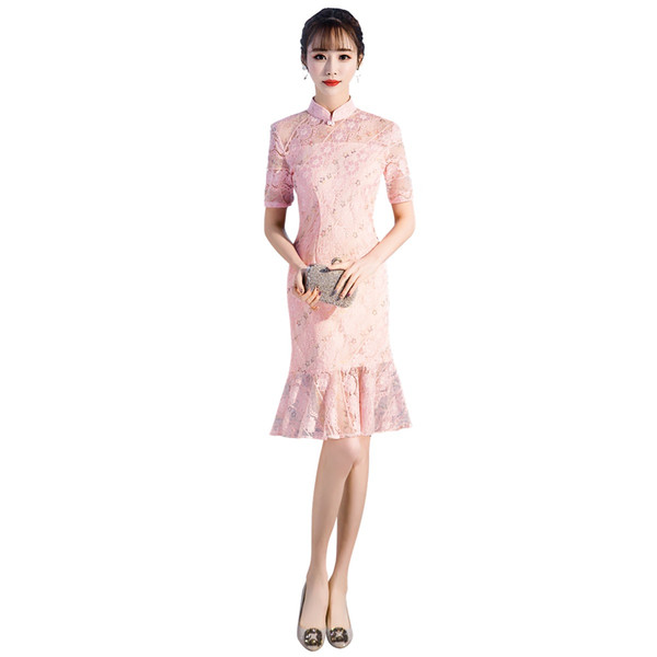 Shanghai Story Short Sleeve Qipao Knee Length Chinese Dress Spring Cheongsam Lace Qipao Dress for Woman