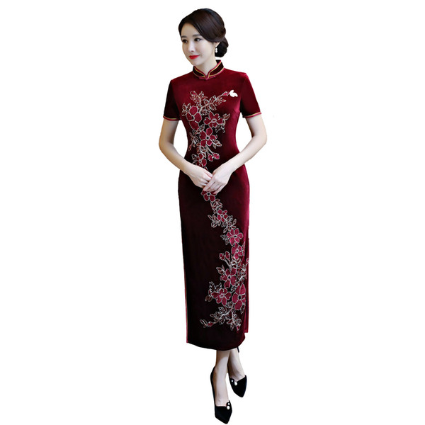 Shanghai Story flower embroidery Long Qipao Chinese Dress Autumn Chinese style Oriental dress Chinese Women's Clothing Velvet cheongsam