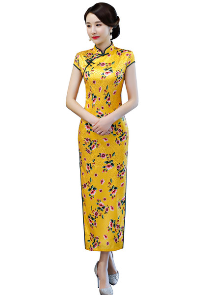 Shanghai Story New Sale Yellow Short Sleeve long Qipao Dress Floral Cheongsam Dress Chinese Women's dress Oriental Dresses