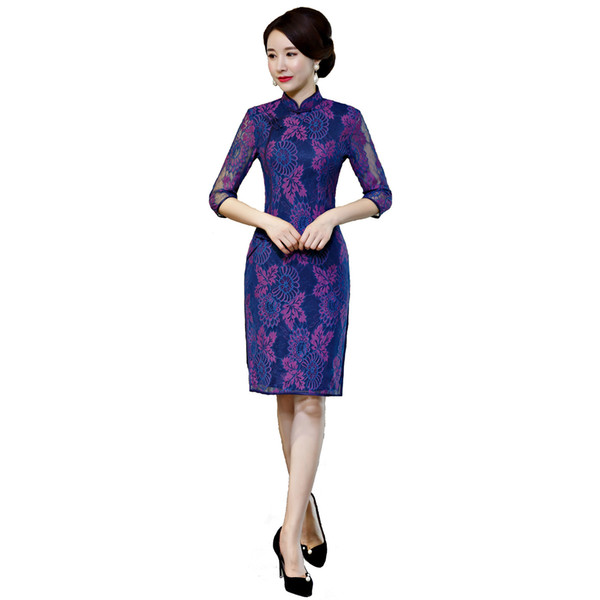 Shanghai Story Half Sleeve chinese Style dress Traditional Chinese Dress Lace Cheongsam Knee Length Qipao Dress for women