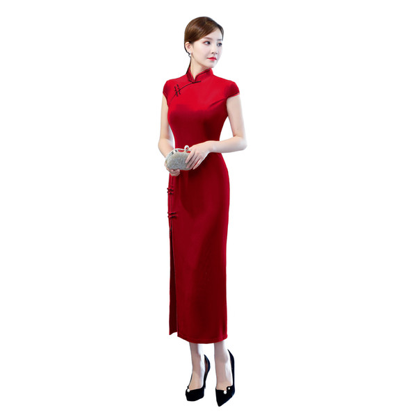 Shanghai Story 2022New Arrival Short Sleeve Qipao Long Chinese Dress High Split Cheongsam Velvet Solid Qipao Dress for Women