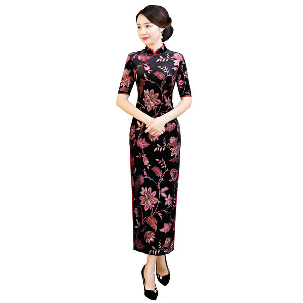 Shanghai Story 2022New Sale Autumn New Arrival Women's Vintage Qipao Velvet Cheongsam Dress Long Chinese Dress For Woman