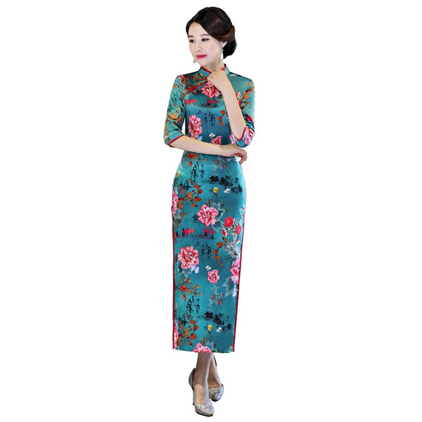 Shanghai Story 2022New Sale Chinese Style Dress Long Qipao Chinese traditional dress Short Sleeve Green cheongsam dress Floral Qipao