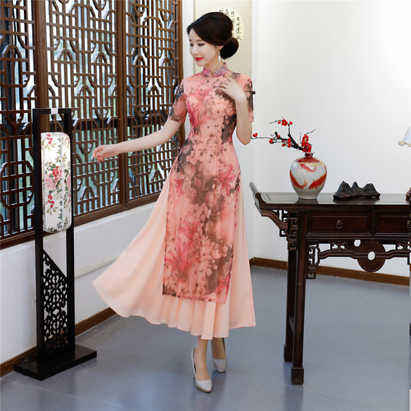 Shanghai Story Pink Vietnam ao dai Chinese traditional dress chinese dress qipao long Chinese cheongsam Folk Style dress