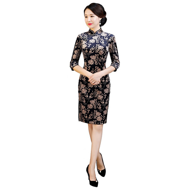 Shanghai Story 2022Autumn Women's 3/4 Sleeve Vintage Floral Qipao Velvet Cheongsam Dress Long Chinese Traditional Dress