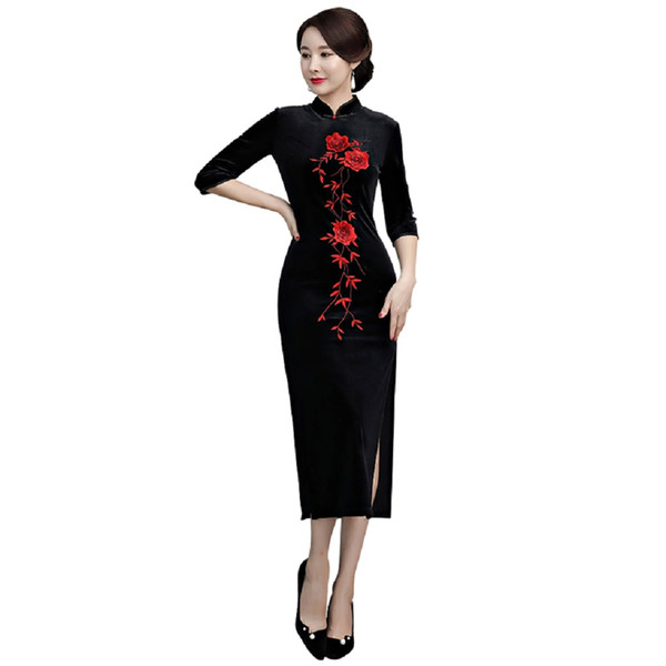 Shanghai Story Oriental Dress Chinese Traditional Dresses Long Cheongsam Flower Embroidery Velvet Qipao Women's Chinese Dress