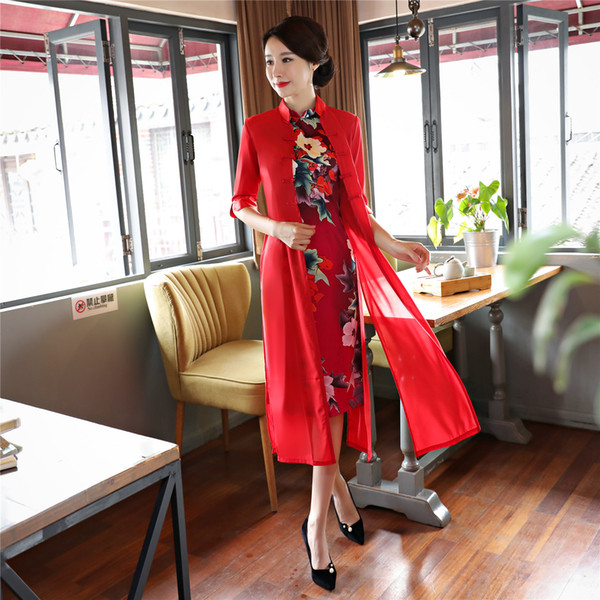 Shanghai Story Chinese Traditional Clothing Short qipao Chinese cheongsam dress modern cheongsam with Faux Silk Coat 2 pieces Set